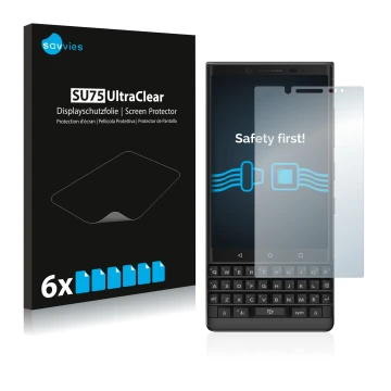 Front side of a product packaging with the brand logo Savvies. Next to it is the device BlackBerry Key2 shown with the corresp