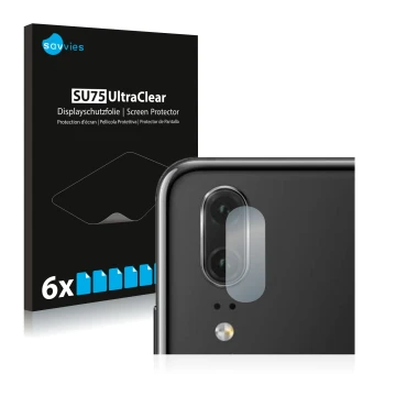 Front side of a product packaging with the brand logo Savvies. Next to it is the device Huawei P20 (ONLY Camera Lens) shown wi