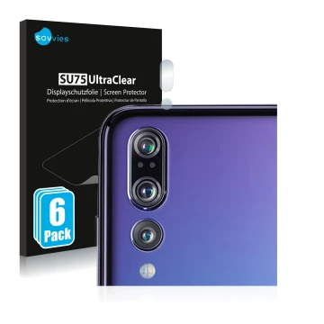 Front side of a product packaging with the brand logo Savvies. Next to it is the device Huawei P20 Pro (ONLY Camera Lens) show