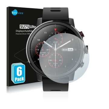 Front side of a product packaging with the brand logo Savvies. Next to it is the device Huami Amazfit Stratos shown with the c