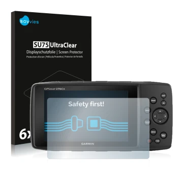 Front side of a product packaging with the brand logo Savvies. Next to it is the device Garmin GPSMAP 276Cx shown with the cor