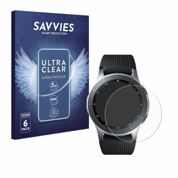 Front side of a product packaging with the brand logo Savvies. Next to it is the device Samsung Galaxy Watch (46 mm) shown wit