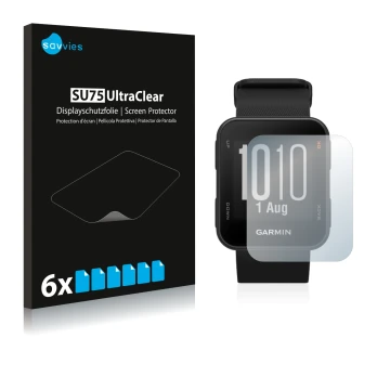 Front side of a product packaging with the brand logo Savvies. Next to it is the device Garmin Approach S10 shown with the cor