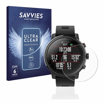 Front side of a product packaging with the brand logo Savvies. Next to it is the device Huami Amazfit Stratos 2 shown with the