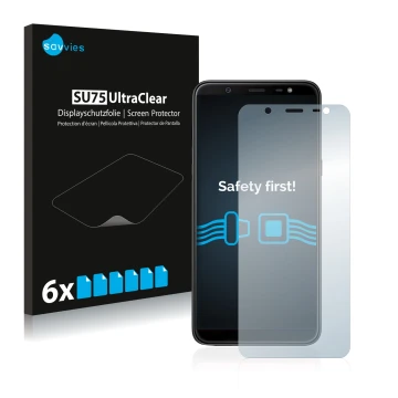 Front side of a product packaging with the brand logo Savvies. Next to it is the device Samsung Galaxy J8 2018 shown with the 