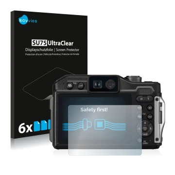 Front side of a product packaging with the brand logo Savvies. Next to it is the device Panasonic Lumix DC-FT7 shown with the 