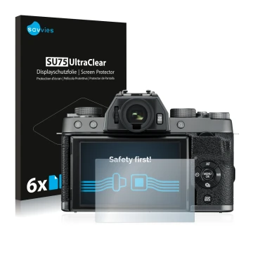Front side of a product packaging with the brand logo Savvies. Next to it is the device Fujifilm X-T100 shown with the corresp