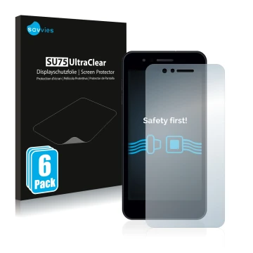 Front side of a product packaging with the brand logo Savvies. Next to it is the device LG K9 shown with the corresponding scr