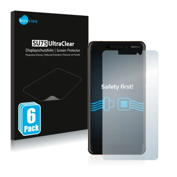 Front side of a product packaging with the brand logo Savvies. Next to it is the device Nokia 6.1 shown with the corresponding
