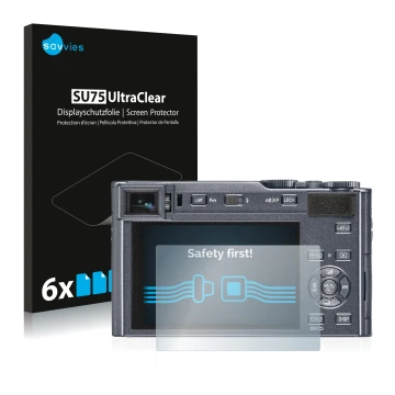 Front side of a product packaging with the brand logo Savvies. Next to it is the device Leica C-Lux shown with the correspondi