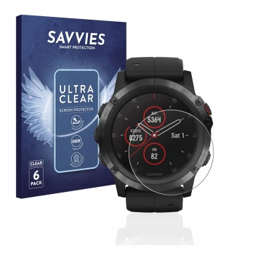 Front side of a product packaging with the brand logo Savvies. Next to it is the device Garmin Fenix 5X Plus (51 mm) shown wit