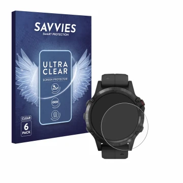 Front side of a product packaging with the brand logo Savvies. Next to it is the device Garmin Fenix 5 Plus (47 mm) shown with