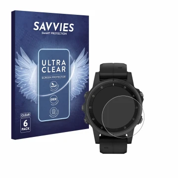 Front side of a product packaging with the brand logo Savvies. Next to it is the device Garmin Fenix 5S Plus (42 mm) shown wit