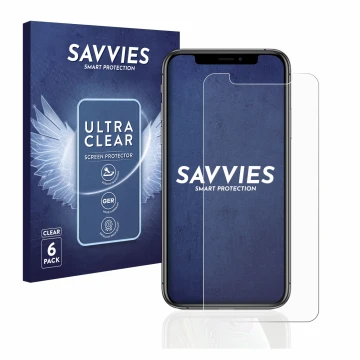 Front side of a product packaging with the brand logo Savvies. Next to it is the device Apple iPhone Xs shown with the corresp