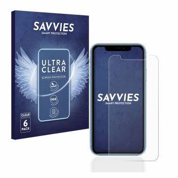 Front side of a product packaging with the brand logo Savvies. Next to it is the device Apple iPhone XR shown with the corresp