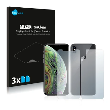 Front side of a product packaging with the brand logo Savvies. Next to it is the device Apple iPhone Xs (Front+Back) shown wit
