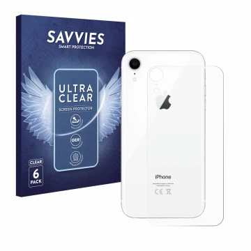 Front side of a product packaging with the brand logo Savvies. Next to it is the device Apple iPhone XR (Back) shown with the 