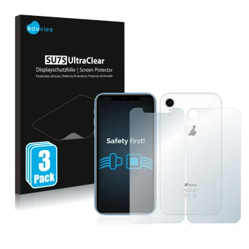 Front side of a product packaging with the brand logo Savvies. Next to it is the device Apple iPhone XR (Front+Back) shown wit