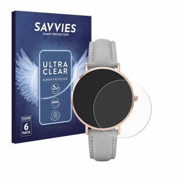 Front side of a product packaging with the brand logo Savvies. Next to it is the device Cluse La Boheme (38 mm) shown with the