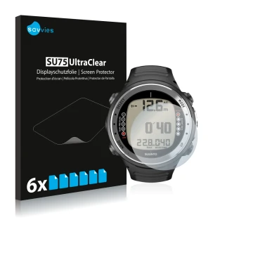 Front side of a product packaging with the brand logo Savvies. Next to it is the device Suunto D4I shown with the correspondin