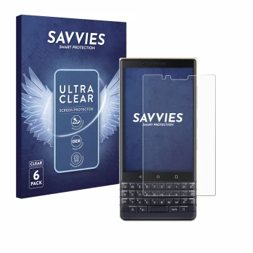 Front side of a product packaging with the brand logo Savvies. Next to it is the device BlackBerry Key2 LE shown with the corr