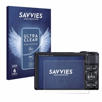 Front side of a product packaging with the brand logo Savvies. Next to it is the device Canon PowerShot SX740 HS shown with th
