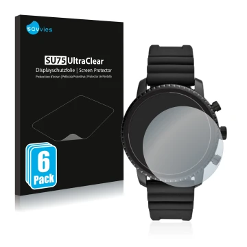 Front side of a product packaging with the brand logo Savvies. Next to it is the device Fossil Q Explorist HR (4.Gen) shown wi