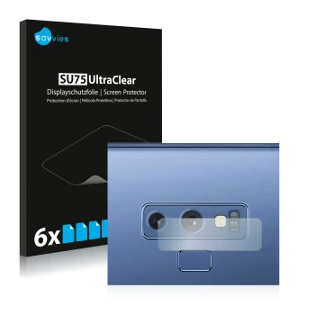 Front side of a product packaging with the brand logo Savvies. Next to it is the device Samsung Galaxy Note 9 (ONLY Camera Len