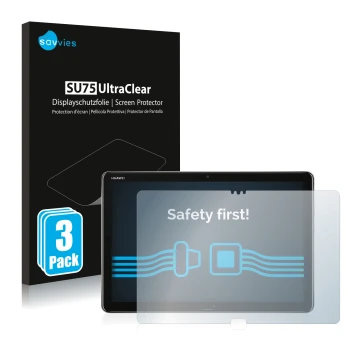 Front side of a product packaging with the brand logo Savvies. Next to it is the device Huawei MediaPad M5 Lite 10.1