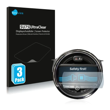 Front side of a product packaging with the brand logo Savvies. Next to it is the device Mini Cooper F56 (8.8