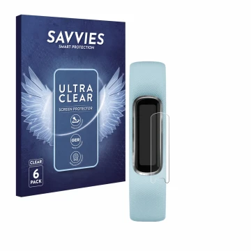 Front side of a product packaging with the brand logo Savvies. Next to it is the device Garmin Vivosmart 4 shown with the corr