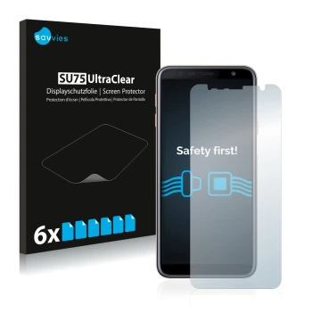 Front side of a product packaging with the brand logo Savvies. Next to it is the device Samsung Galaxy J4 Plus shown with the 