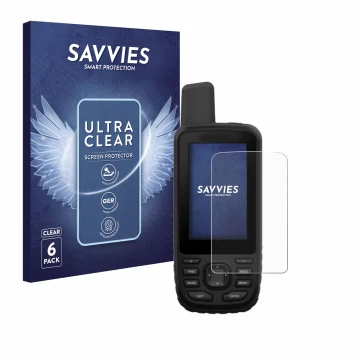 Front side of a product packaging with the brand logo Savvies. Next to it is the device Garmin GPSMAP 66st shown with the corr