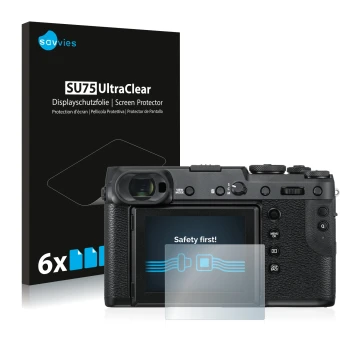 Front side of a product packaging with the brand logo Savvies. Next to it is the device Fujifilm GFX 50R shown with the corres