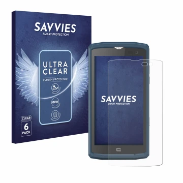 Front side of a product packaging with the brand logo Savvies. Next to it is the device Crosscall Core X3 shown with the corre
