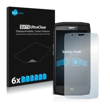 Front side of a product packaging with the brand logo Savvies. Next to it is the device Crosscall Trekker X4 shown with the co