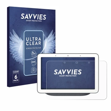 Front side of a product packaging with the brand logo Savvies. Next to it is the device Google Home Hub shown with the corresp