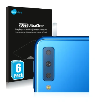 Front side of a product packaging with the brand logo Savvies. Next to it is the device Samsung Galaxy A7 2018 (ONLY Camera Le