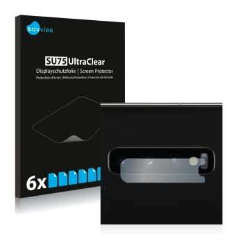 Front side of a product packaging with the brand logo Savvies. Next to it is the device Samsung Galaxy S10 (ONLY Camera Lens) 