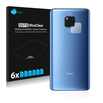 Front side of a product packaging with the brand logo Savvies. Next to it is the device Huawei Mate 20 X (ONLY Camera Lens) sh