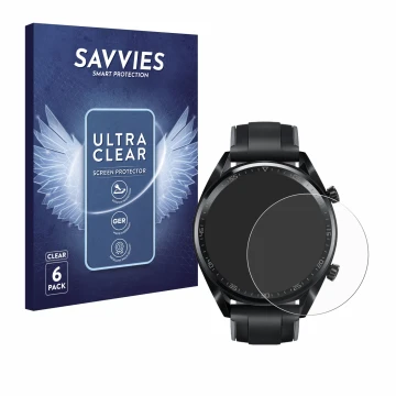 Front side of a product packaging with the brand logo Savvies. Next to it is the device Huawei Watch GT (46 mm) 2018 shown wit