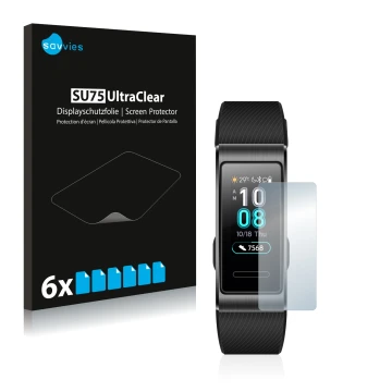 Front side of a product packaging with the brand logo Savvies. Next to it is the device Huawei Band 3 Pro shown with the corre