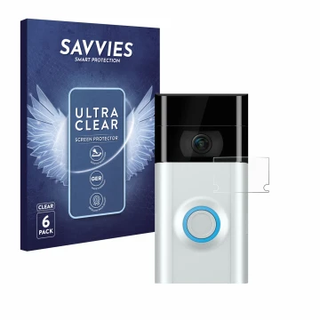 Front side of a product packaging with the brand logo Savvies. Next to it is the device Ring Doorbell 2 (Lens) shown with the 