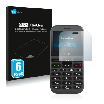 Front side of a product packaging with the brand logo Savvies. Next to it is the device Doro 1370 shown with the corresponding