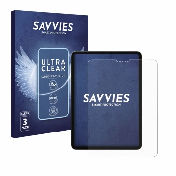 Front side of a product packaging with the brand logo Savvies. Next to it is the device Apple iPad Pro 11