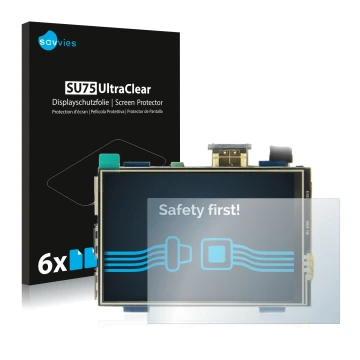 Front side of a product packaging with the brand logo Savvies. Next to it is the device Raspberry Pi Touchscreen (3.5