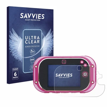 Front side of a product packaging with the brand logo Savvies. Next to it is the device Vtech Kidizoom Touch 5.0 2018 shown wi