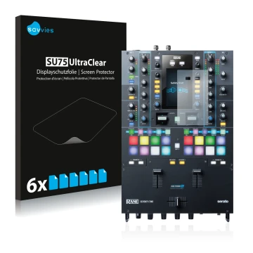 Front side of a product packaging with the brand logo Savvies. Next to it is the device Rane Seventy-Two shown with the corres