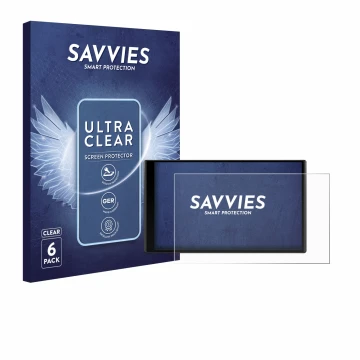 Front side of a product packaging with the brand logo Savvies. Next to it is the device Garmin DriveTrack 71 shown with the co