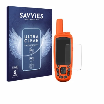 Front side of a product packaging with the brand logo Savvies. Next to it is the device Garmin Astro 430 shown with the corres